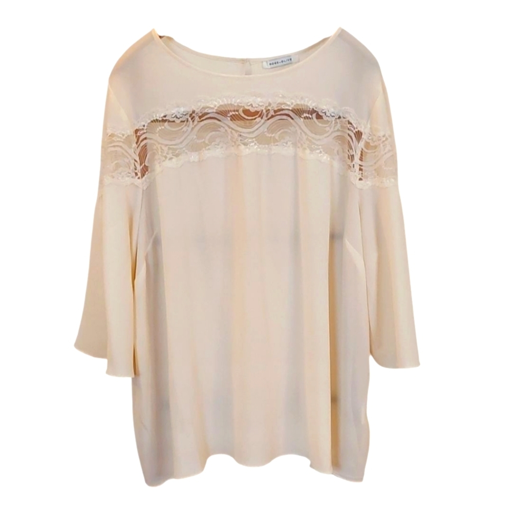 Beautiful Rose + Olive Bell Sleeve Blouse 2X 3X EUC